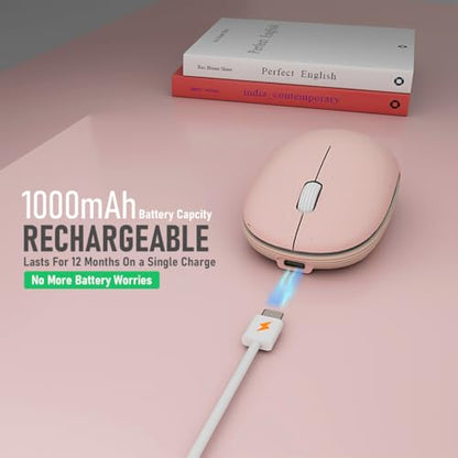 Wireless Mouse (Bluetooth+2.4G) Rechargeable Portable Silent Quiet Computer Mouse with 4000 DPI for Laptop/PC/Mac/MacBook/Chromebook/Surface Pro/iPad/Tablet Ambidextrous (Pink)