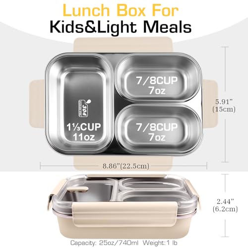 Stainless Steel Lunch Box, 3 Compartments Metal Bento Box for Kids, 25oz Lunch Container with Leakproof Lid, Divided Meal Prep Box for Adults, Kids - Ideal for Office, School, Healthy Eating - color: Cream Beige