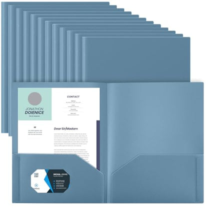 Gueevin 100 Pack Plastic Folder with Pockets, 2 Pocket Folders, Plastic Glossy Folders Fit Letter Size Paper, Heavy Duty Durable File Folder with Business Card for Home Office School (Blue Grey) - color: Blue Grey