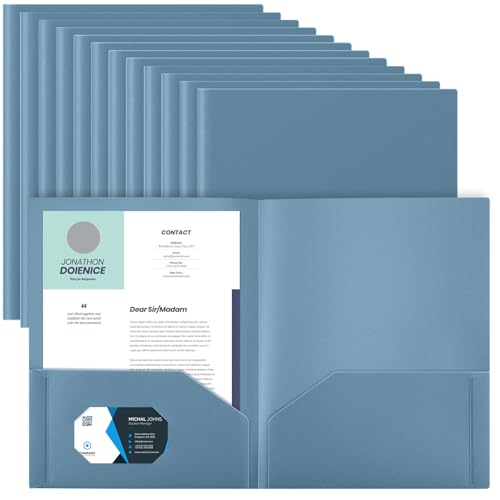 Gueevin 100 Pack Plastic Folder with Pockets, 2 Pocket Folders, Plastic Glossy Folders Fit Letter Size Paper, Heavy Duty Durable File Folder with Business Card for Home Office School (Blue Grey) - color: Blue Grey