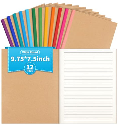 12 Pack Lined Notebook Journals Bulk, 7-1/2" x 9-3/4", Wide Ruled Paper, 30 Sheets/60 Pages, Kraft Cover with Rainbow Spines, 12 Colors Lined Composition Notebook Journal for Work Study Note Taking - style: Lined Paper-12pack
