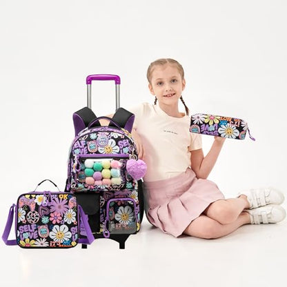 Meetbelify Backpack with Wheels for Girls Rolling Backpack Cute Carry on Backpack with Lunch Box for Elementary Student Teen Kids Luggage Travel Suitcase Girls 8-10 Black - color: Black Flower