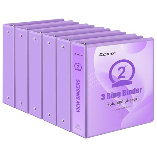 COMIX Standard 3 Ring Binder 2 inch with Clear View Cover, 2" Round Ring View Binder Holds 400 Sheets of US Letter Size Paper, 6 Pack (Pale Purple) - color: Pale Purple, size: 2 inch