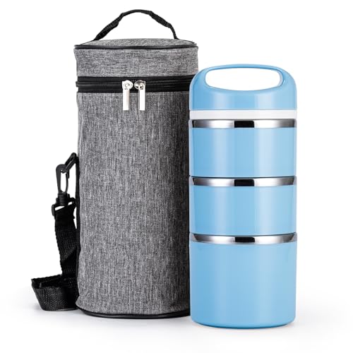 Lille Home Stackable Stainless Steel Thermal Compartment Lunch/Snack Box, 3-Tier Insulated Bento/Food Container with Lunch Bag and Three Extra Seals, 43OZ (Blue) - color: Blue