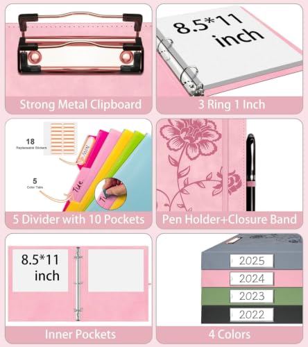 3 Ring Binder 1 Inch, Leather Binders with Clipboards, KLLVE Three Ring Binder with 10 Pocket Divider(Pink, Letter Size) - color: Pink
