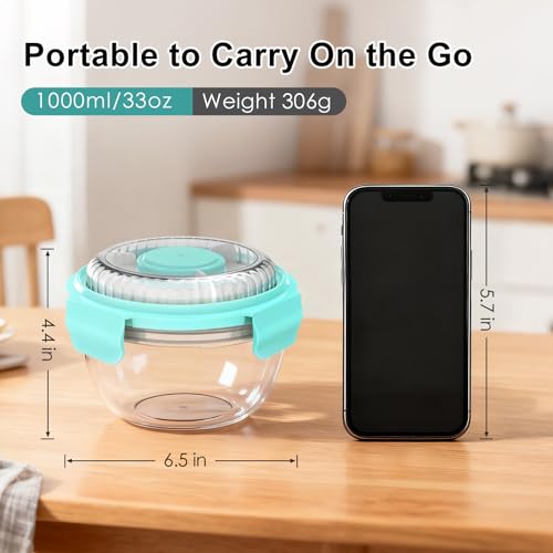 WHALEHOUSE Clear Eco-friendly SK chemicals ECOZEN Salad Container, 33OZ Portable Plastic Salad Bowls with Lid & Snack Tray, Leak-Proof Dressing Container, Fork, Lunch Box for Meal Prep (Green) - color: Green