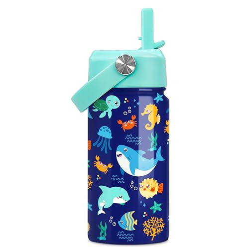 SANDJEST Kids Water Bottle with Straw Lid - 12 Oz Insulated Stainless Steel Ocean Water Bottles for Kid Boys Girls - Travel Cup for School Sports - color: Ocean Animal 2