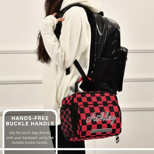 Custom Student Lunch Bag for Boys Girls Red Black Checkered Personalized Lunch Box With Name Insulated Cooler Bag for School Picnic Travel - color: Multi06