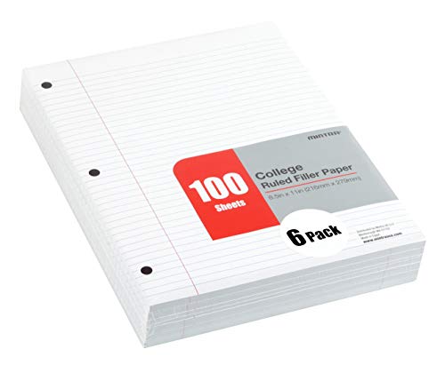 Mintra Office Filler Paper (College Ruled, 600 Sheets (6pks of 100)) - for 3-Ring Binder, Notepaper, Loose leaf filler paper, punched, bulk pack - color: College Ruled, size: 600 Sheets (6pks of 100)