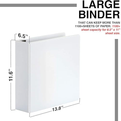 3 Ring Binders, 6 Inch D Ring Heavy Duty Large Binder with Pockets for 8.5" x 11" Sheet Size, Durable Non-Stick Customizable Clear View Cover (White) - color: White, size: 6 Inch (1 Pack)