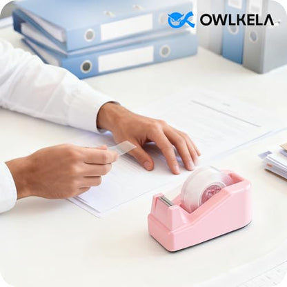 OWLKELA Lightweight Desktop Tape Dispenser, Non-Skid Base Tape with Dispenser, Ideal for Office, Home and School, 1 Pack Tape Holder with 8Pcs Transparent Tape, 0.71 Inch x 1000 Inches, Pink - color: Pink, size: 1 Pcs