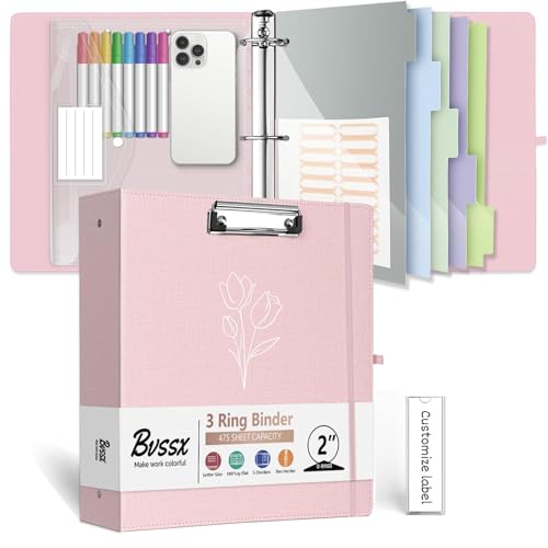 3 Ring Binder, 2 Inch Linen Binders Organizer for Letter Size (8.5" x 11") Paper with 5-Tabs Pockets Dividers, BVSSX Leather Three Ring Binders with Clipboard, Plastic Folder, Pen Loop - Pink Tulips - color: 1-pink Tulips, size: 2in（Letter Size）