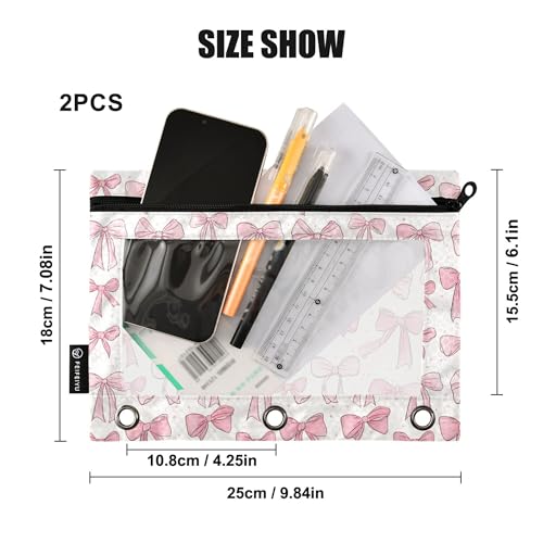 Wamika Cute Bowknot White Binder Pouches 3 Ring for Boys Girls School Office College Supplies Pink Ribbon Bow and Stars Pencil Pouches Case Bag with Clear Window and Zipper 2 pack - color: Bowknot