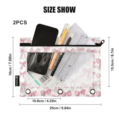 Wamika Cute Bowknot White Binder Pouches 3 Ring for Boys Girls School Office College Supplies Pink Ribbon Bow and Stars Pencil Pouches Case Bag with Clear Window and Zipper 2 pack - color: Bowknot