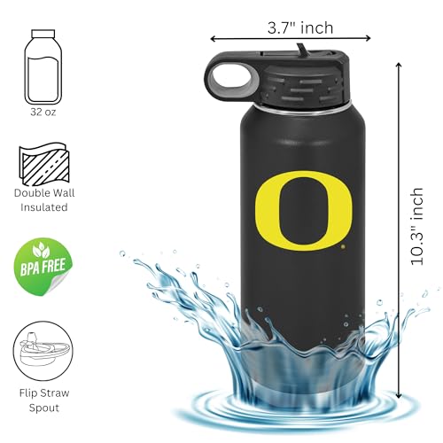University of Oregon 32oz Stainless Steel Double Walled Black Beverage Bottle with Flip Straw Spout - College Gear for Playoff Season – For Office, Home or Auto – Show your Ducks Pride - style: Oregon / Black