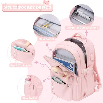 ACESAK Backpack for Girls with Bento Box - 4 PCS Cute Girls Backpack with Lunch Box, Pencil Case & Bento Box Set - 43oz Leakproof Lunch Box Kids Snack Containers Set Back to School Supplies (Pink) - color: Pink