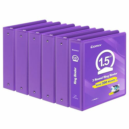 COMIX 3 Ring Binder 1.5 inch with Clear View Cover, 1.5" View Binder Holds 300 Sheets of US Letter Size Paper, 6 Pack (Purple) - color: Purple, size: 1.5 inch, style: 6-Pack