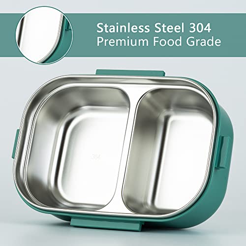 Lille Home 28oz Stainless Steel Leakproof 2-Compartment Bento Lunch Box/Portion Control Food Container with Lunch Bag and Cutlery Set, BPA Free - color: Green