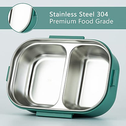 Lille Home 28oz Stainless Steel Leakproof 2-Compartment Bento Lunch Box/Portion Control Food Container with Lunch Bag and Cutlery Set, BPA Free - color: Green