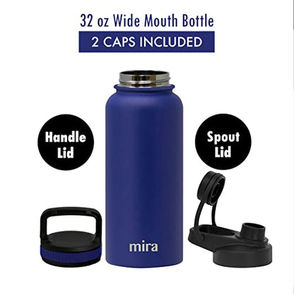 MIRA 32 oz Insulated Sports Bottle - Stainless Steel Temperature Control Thermo - Easy-Drink Spout (24Hr Cold/12Hr Hot) - Blue - color: Blue - 2 Lids