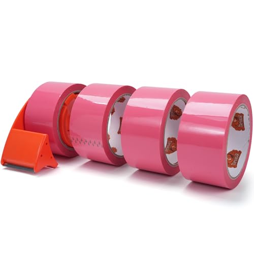 TAPEBEAR Pink Packing Tape with Dispenser, 1.88 Inch x 60 Yards Packaging Tape, 4 Refills Rolls Cute Decorative Moving Tape for Boxes, Shipping and Sealing - color: Pink