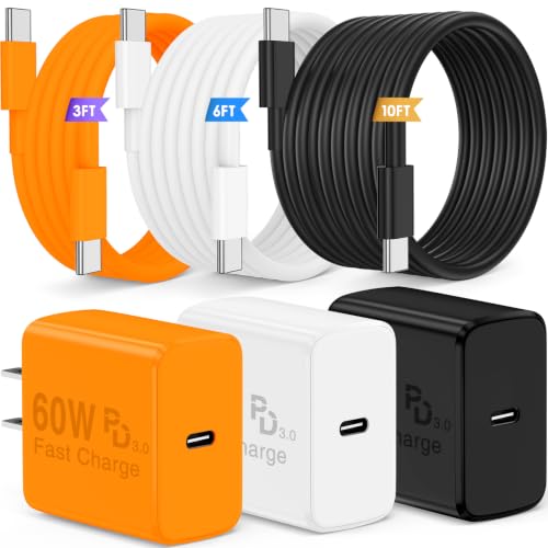 QZIIW Super Fast Charger Type C, 60W Colorful Mixed USB C Fast Charger Block 3 Pack & Extra Long 60W 3/6/10FT USB C Cable - PD Quick Charging 3.0 for iPhone 17 16 15 Samsung Galaxy S26 Ultra S25 S24+ - color: Orange+White+Black