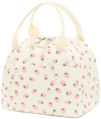 Bluboon Lunch Bag for Women Men Cute Corduroy Lunch Tote Bags Reusable Insulated Lunch Box Large Capacity Reusable Insulated Cooler for Work Picnic or Travel - color: Beige strawberry, size: Medium (10L)
