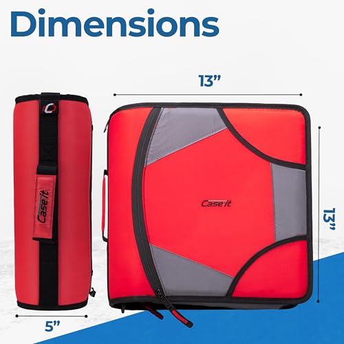 Case-it King Sized Zip Tab School Zipper Binder | 4-Inch D-Rings, 800 Sheet Capacity, 5-Subject Expanding File Folder, Multiple Pockets & Storage Organizer, Shoulder Strap|D-186 Fire Engine Red|4 Pack