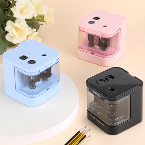 Eagle Electric Pencil Sharpener, Dual Holes, Battery Powered for School/Office/Art, 5s Fast Sharpening, Portable w/Large Shaving Tray & Replaceable Blades, for 6-12 mm Pencils (Black) - color: Black