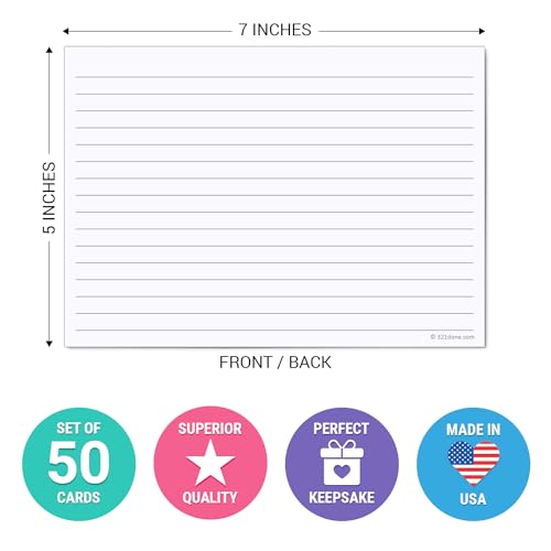 321Done Ruled Note Cards, 5x7 Thick Index Cards - Plain White Card Stock, Notecards & Stationery with Lines for Writing, Stamping - Made in USA, Set of 50 - No Envelopes - size: Large (5 x 7)