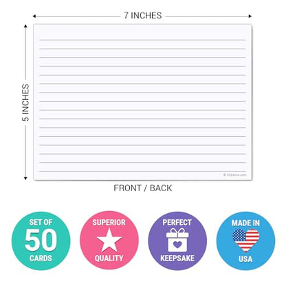 321Done Ruled Note Cards, 5x7 Thick Index Cards - Plain White Card Stock, Notecards & Stationery with Lines for Writing, Stamping - Made in USA, Set of 50 - No Envelopes - size: Large (5 x 7)