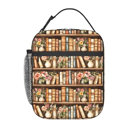 Retro Book Lunch Box for Kids,Flower Insulated Bag for Student,Library Reusable Thermal Insulation Cooler Tote Bags for School Work Picnic Camping Outdoor Gifts (Vintage Books and Vases) - color: Vintage Books and Vases