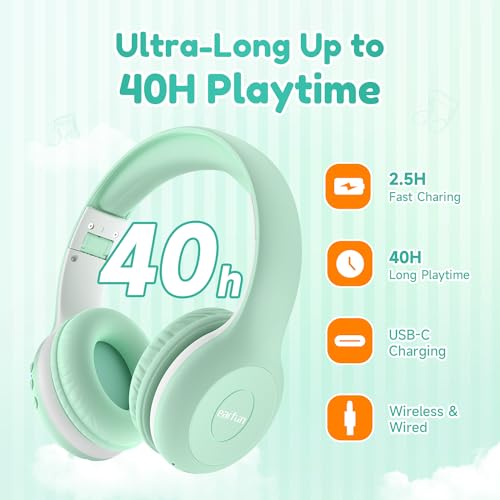 EarFun K2 Kids Bluetooth Headphones, Kids Headphones with Volume Limited, 40H Playtime, Built-in Mic, Stereo Sound, Foldable Over-Ear Headphone for School/Travel/iPad/Tablet, Green - color: Green