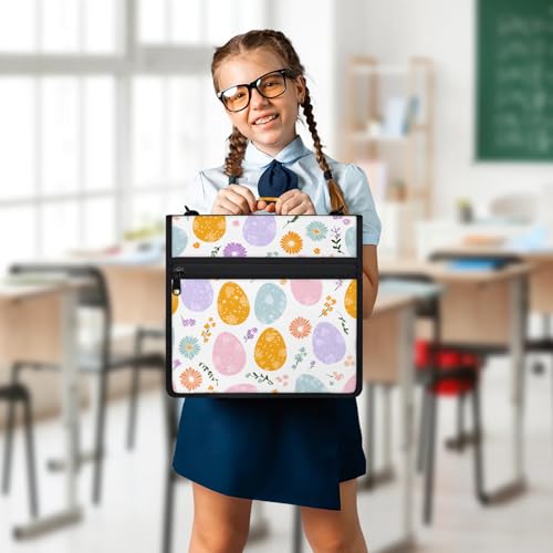 Easter Day Eggs Zipper Binder, 3 D-Ring Expanding File Folder with Handle & Adjustable Shoulder Strap, 400 Sheets Capacity Multi-Pocket Organizer for 13 Inch Laptop - color: Easter Day Eggs