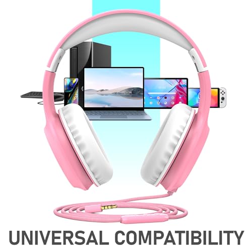 FosPower Kids Headphones with 3.5mm Laced Cables, Children & Teens Over The Ear Foldable Adjustable Headset w/Built-in Mic for Smartphones/PC/Tablet/Laptop/School (Max Volume 85dB) – Pink/White - color: 08 - Pink/White