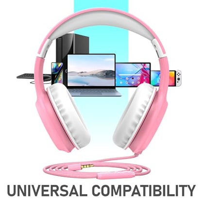 FosPower Kids Headphones with 3.5mm Laced Cables, Children & Teens Over The Ear Foldable Adjustable Headset w/Built-in Mic for Smartphones/PC/Tablet/Laptop/School (Max Volume 85dB) – Pink/White - color: 08 - Pink/White