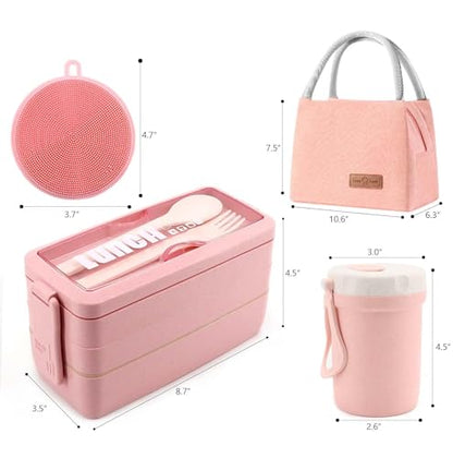 Bento Box Japanese Lunch Box Kit Leakproof Bento Lunch Box for Kids Adults Wheat Straw 3 Layer Stackable Lunch Containers with Compartment Eco-Friendly Meal Prep Containers (Pink) - color: Pink, size: 5Pcs