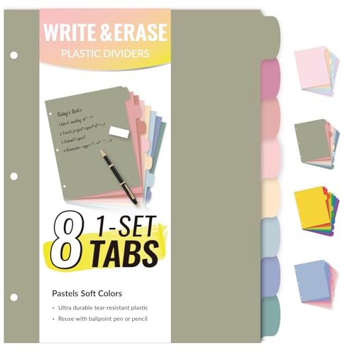 Sooez 8 Tabs Long-Lasting Plastic Write & Erase Large Tabs Dividers for 3 Ring Binder, Aesthetic Cute Pastels Binder Dividers for Student, Teacher, Office, Home Organizers, 1 Set, Dusty Color - color: Dusty Color, size: 1 Set