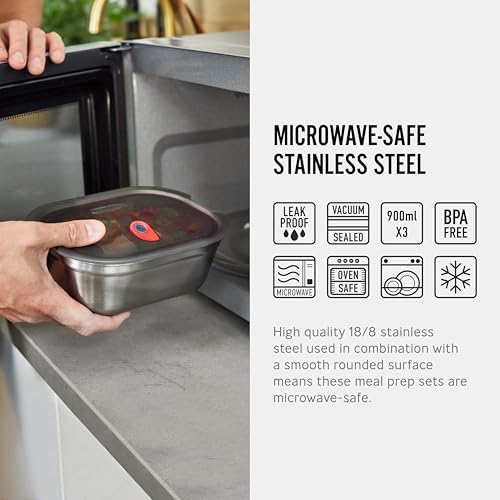 BLACK + BLUM Stainless Steel Microwave Safe Container Set | 30 oz x 3 | Leak Proof & Airtight, Metal Meal Prep Containers, Durable & Reusable, Stackable Food Storage, Lunches & Batch Prep - size: Medium Box Set (900ml x 3)