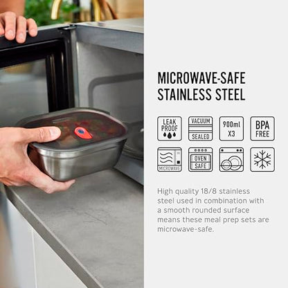 BLACK + BLUM Stainless Steel Microwave Safe Container Set | 30 oz x 3 | Leak Proof & Airtight, Metal Meal Prep Containers, Durable & Reusable, Stackable Food Storage, Lunches & Batch Prep - size: Medium Box Set (900ml x 3)