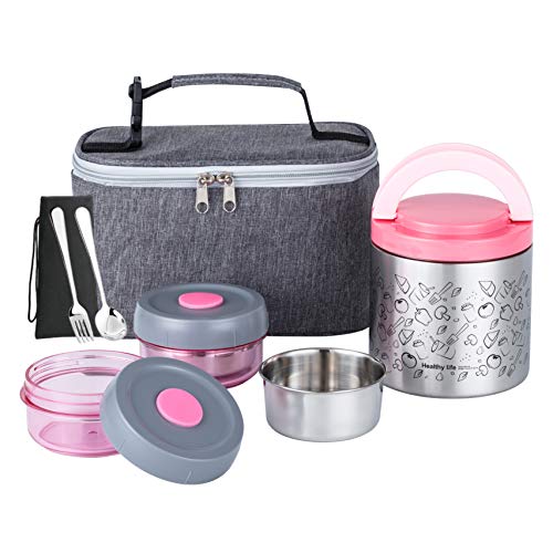 Lille Home Portable Insulated Lunch Box Set with Stainless Steel Cutlery, vacuum lunch box, to Keep Food Warm or Cool, Two Containers for Fruits and Sauces, Durable and Leak-Proof(Pink) - color: Pink