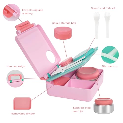 FOOYOO Bento Lunch Box Set for Kids & Adults, Leakproof 4-Compartment Container with Insulated Stainless Steel Food Jar, Utensils, BPA-Free, Microwave & Dishwasher Safe for School Work Travel（Pink） - color: Pink