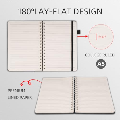 Spiral Notebooks Journal for Women Men 12 Pack Bulk Leather Hardcover with Pen Holder A5 160 Pages 100 GSM Thick Paper for Work School Lined Black - color: Black