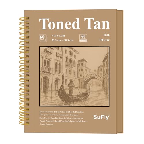SuFly Toned Tan Sketchbook 9x12 Inches, 60 Sheets - 90lb/150gsm Toned Tan Sketch Paper for Mixed Media, Charcoal, Graphite, Colored Pencils & White Gel Pens, 100% Recycled, Wire-O Bound. - color: Toned Tan, size: 9-x-12-inch:1 Pack