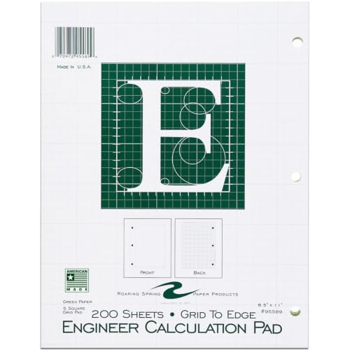 ROARING SPRING Graph Ruled Engineering Pad, Engineering Graph Paper Pad, 5x5 Grid to Edge, 8.5" x 11", 200 Sheets, 3 Hole Punched, Green Tinted Sheets, Made in USA - color: Green, size: Grid-to-Edge (200 Sheets) (Pack of 1)