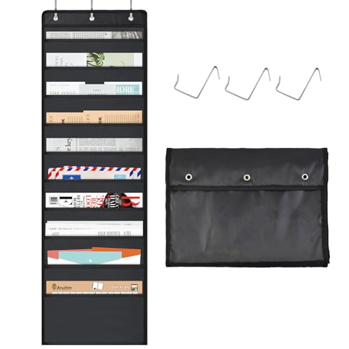 Pocket Chart for Classroom Hanging Wall File Organizer 10 Pocket, Black Wall Storage Pocket Charts with 2 Hangers, Oxford Cloth Storage Pocket, Great for Classroom, Home or Office Use - size: 10 Pockets