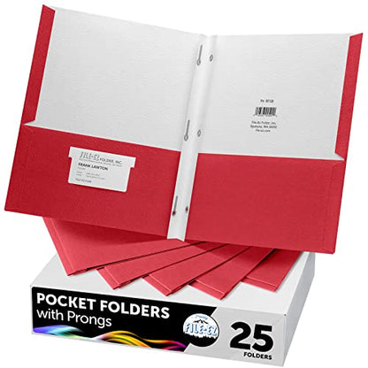 FILE-EZ Two-Pocket Folders with 3-Prong Fasteners, Red Color, 25-Pack, Durable Textured Paper, Matte Finish, Letter Sheet Size (EZ-92558) - color: Red