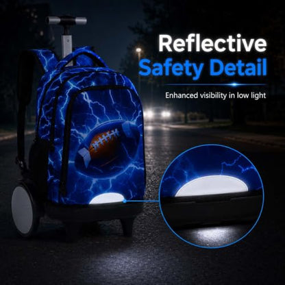 KLFVB Big Quiet-Glide Wheels Rolling School Backpack, 3-in-1 Roller Bag Set with Lunch Bag | Water-Resistant Wheeled Bookbag for Boys, Travel, Play - Lightning Rugby - color: Rolling Backpack With Big Wheels - Lightning Rugby