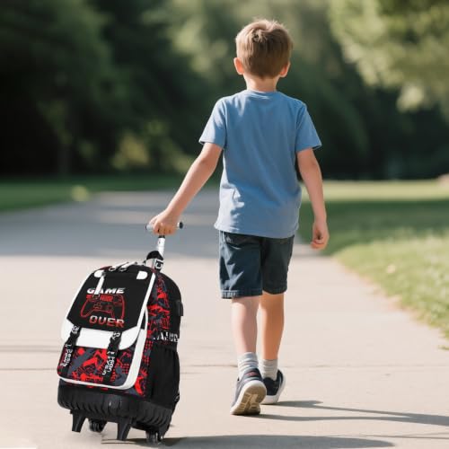 Bevalsa Rolling Backpack for Boys, Roller Backpack with Wheels, Wheeled School Bag with Sling Bag, Lunch Box & Pen Case for Kids Children Teens Elementary Middle Student Glow In The Dark - color: Red