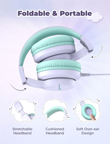 iClever HS19 Kids Headphones for School with Microphone, Safe Volume Limiter 74/85dBA, Over-Ear Girls Boys Headphones for Kids with FunShare Foldable Wired for iPad/Travel (Purple) - color: Purple